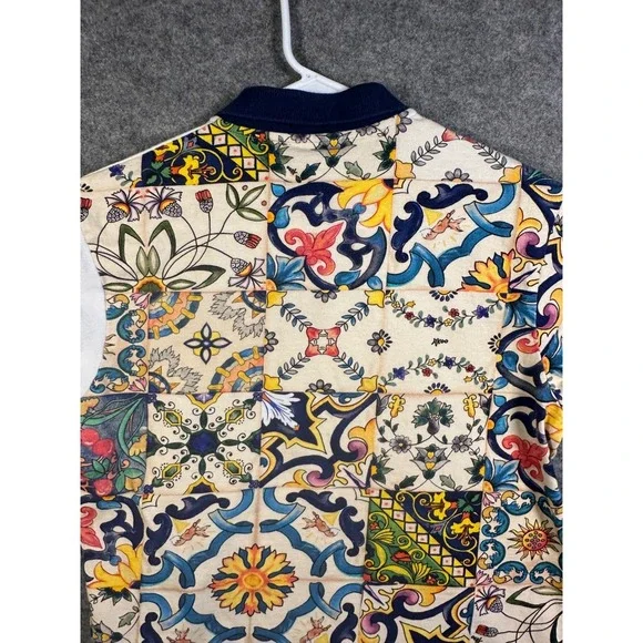 AKOO Mens White Tile Print Split Design Short Sleeve Polo Shirt Medium - Picture 8 of 9